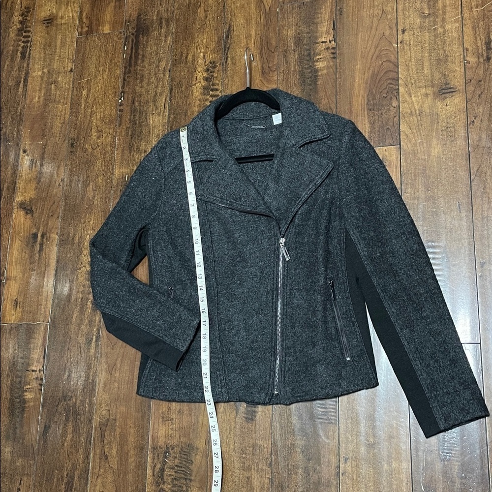 CHICOS Gray Boiled Wool Blend Knit Zip Front Moto Biker Jacket Coat Size Medium - Picture 14 of 15